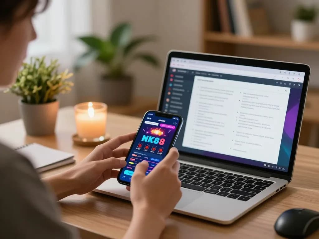 Engaging with NK88 mobile app while exploring effective gaming strategies in a cozy home setup