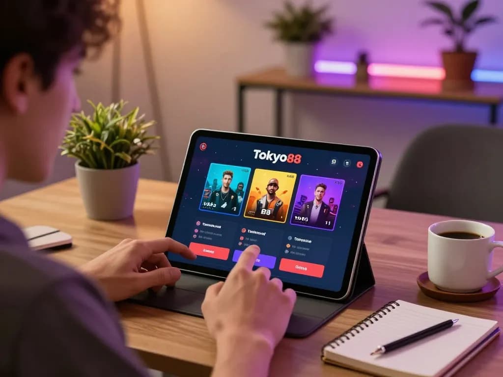 Pemain yang menggunakan aplikasi kasino online tokyo88 di tablet dalam suasana rumah yang nyaman