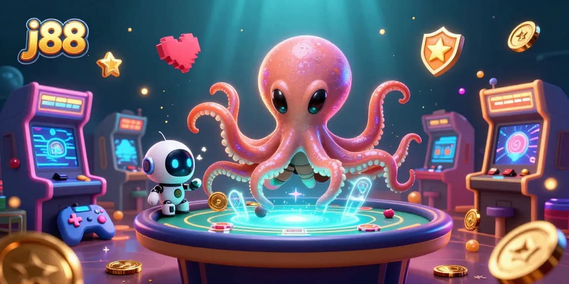 Engage in thrilling gaming moments at j88 with a vibrant alien octopus hosting a holographic poker table.