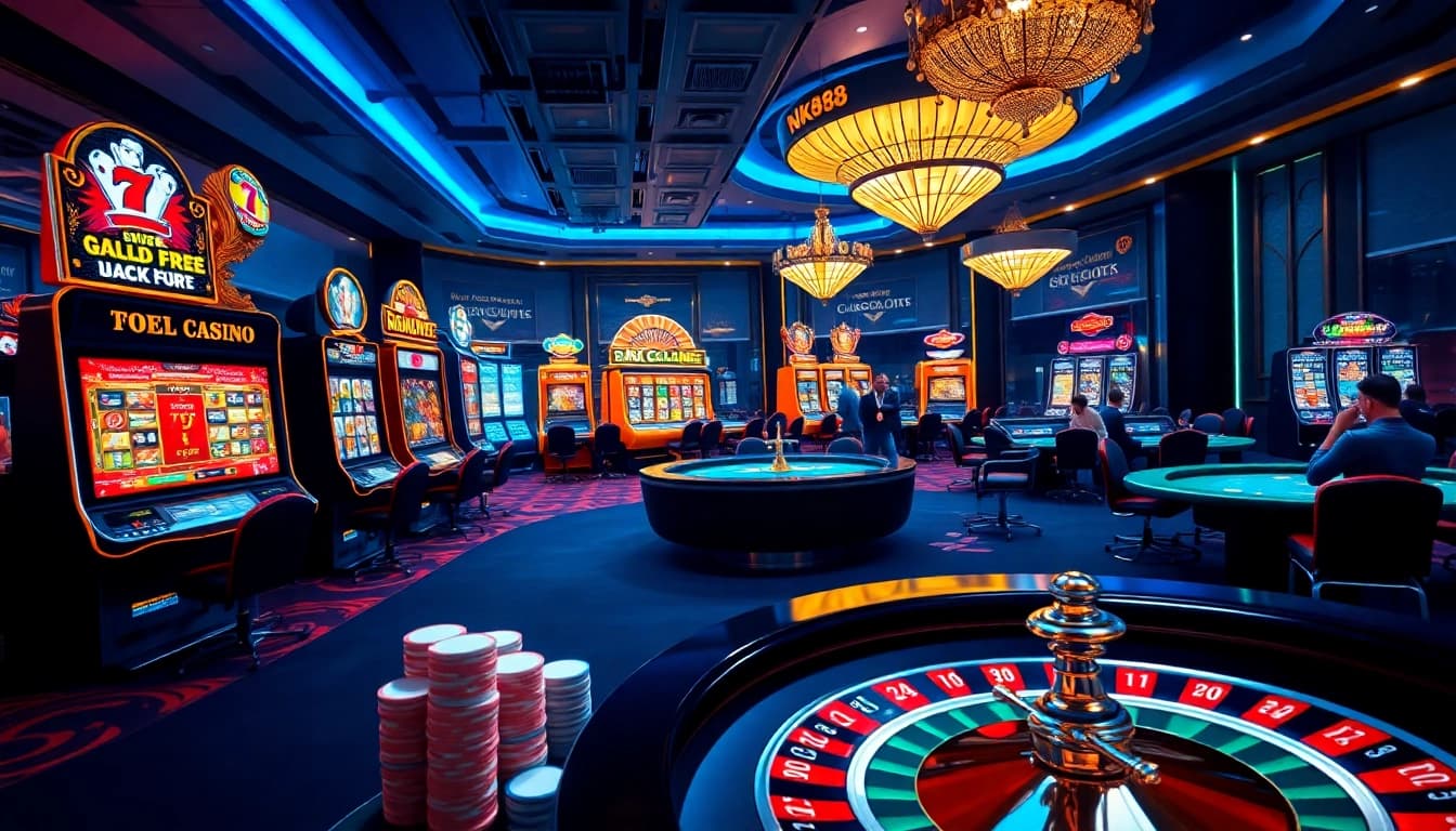 High-stakes gaming action at nk88 online casino with vibrant slot machines and poker tables.