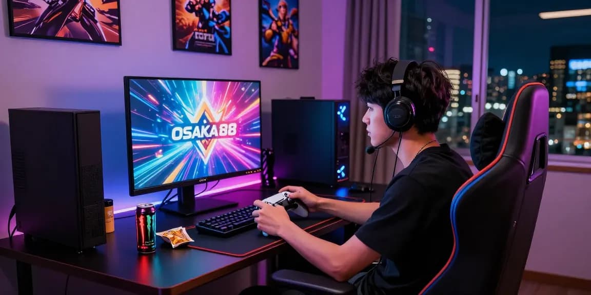 Engaged gamer enjoying OSAKA88 at a vibrant gaming setup with LED lights.