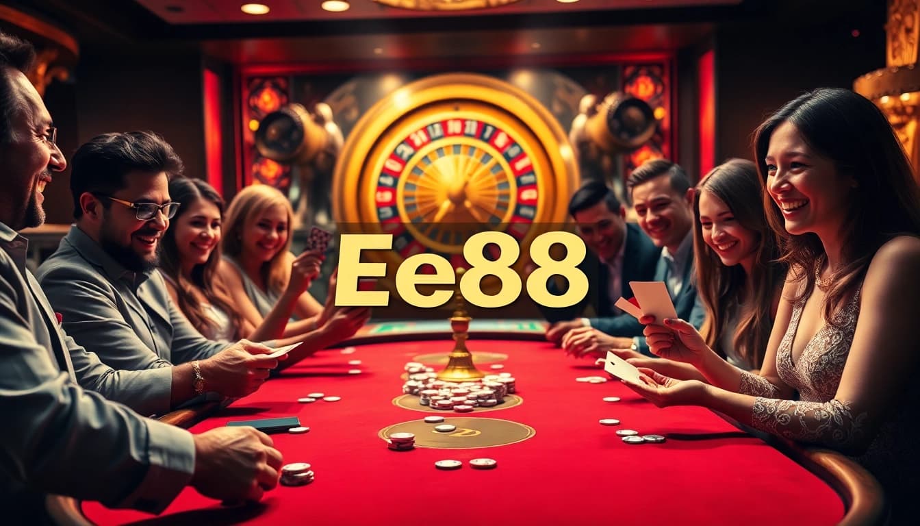 Engaging players enjoy a thrilling game of poker at Ee88 casino with vibrant atmosphere.