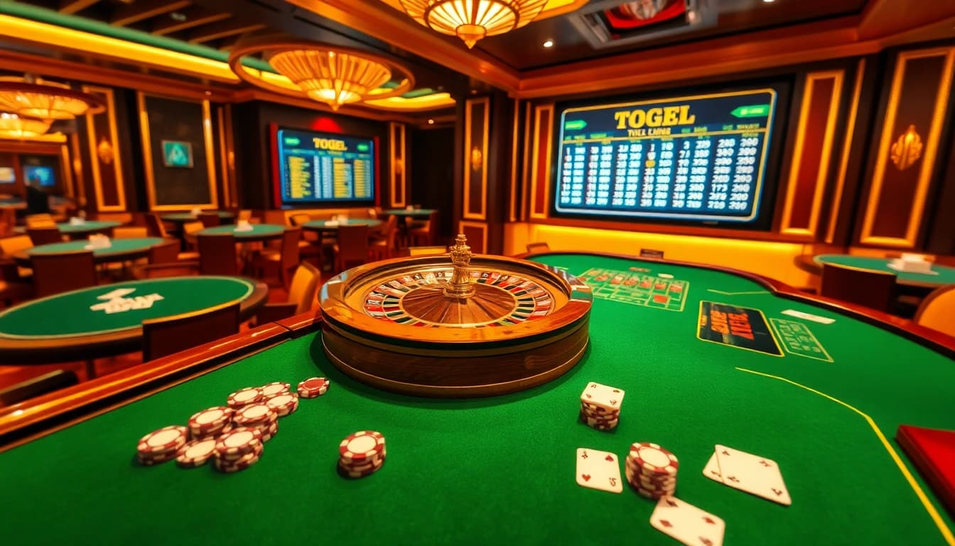 Togel HK live draw results showcased on poker tables with chips and cards in a vibrant casino setting.