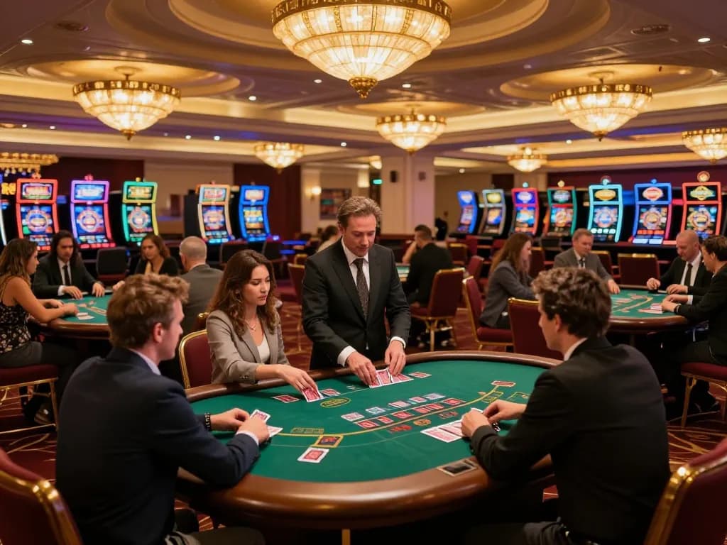 TWIN68 blackjack players placing bets at a vibrant casino table with dealers in action.