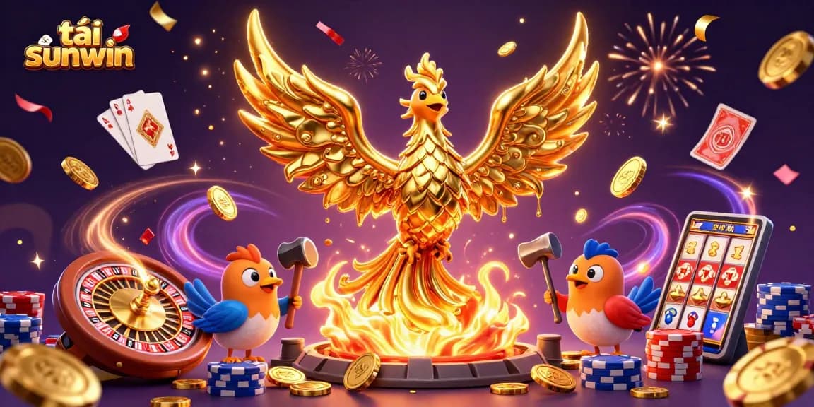 Spin and win big at tải sunwin with this vibrant 3D illustration of a golden phoenix amidst casino riches.