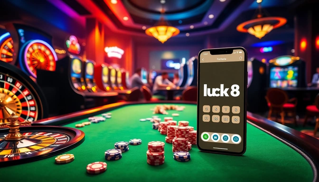 Experience excitement with tải luck8 at a vibrant casino filled with roulette wheels and slot machines.