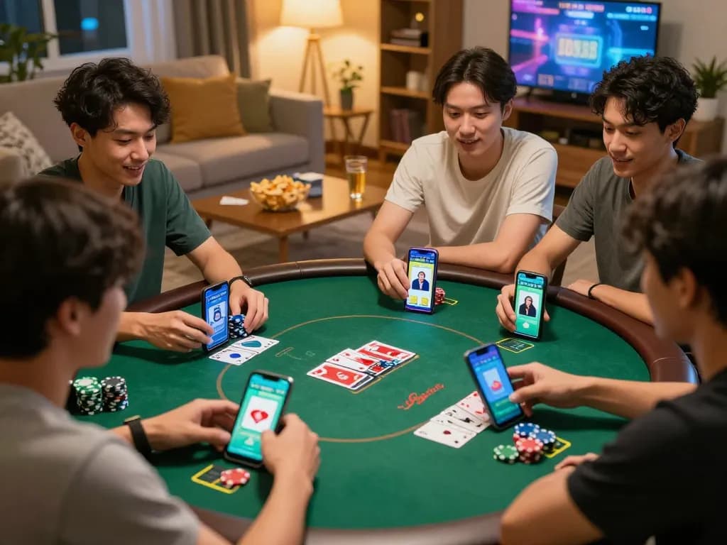 Bong88 poker enthusiasts enjoying an exciting online game with friends in a cozy home setting.