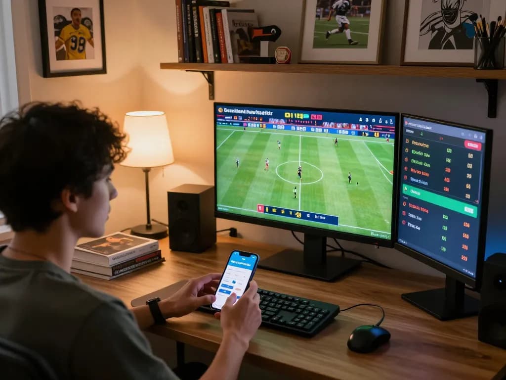 KÈO TRỰC TUYẾN user placing a sports bet using multiple screens and smartphone in a modern home office.