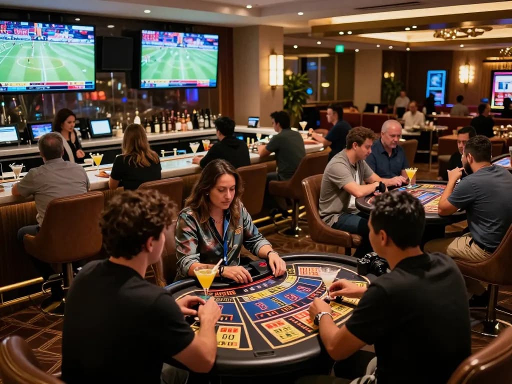 FC88 players engaging in dynamic sports betting atmosphere with large screens and cocktails.