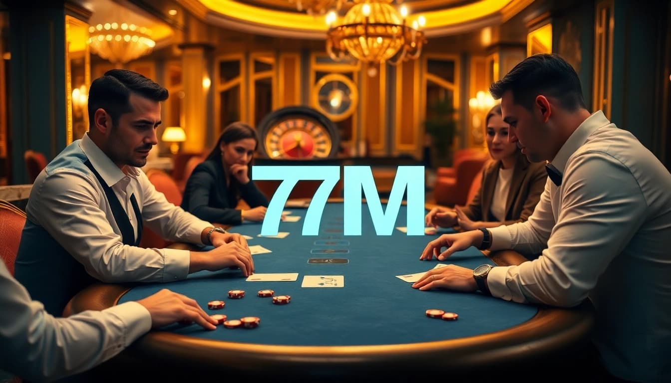 Players experience the thrill of high-stakes poker at a luxurious casino featuring the keyword 7M on the betting interface.