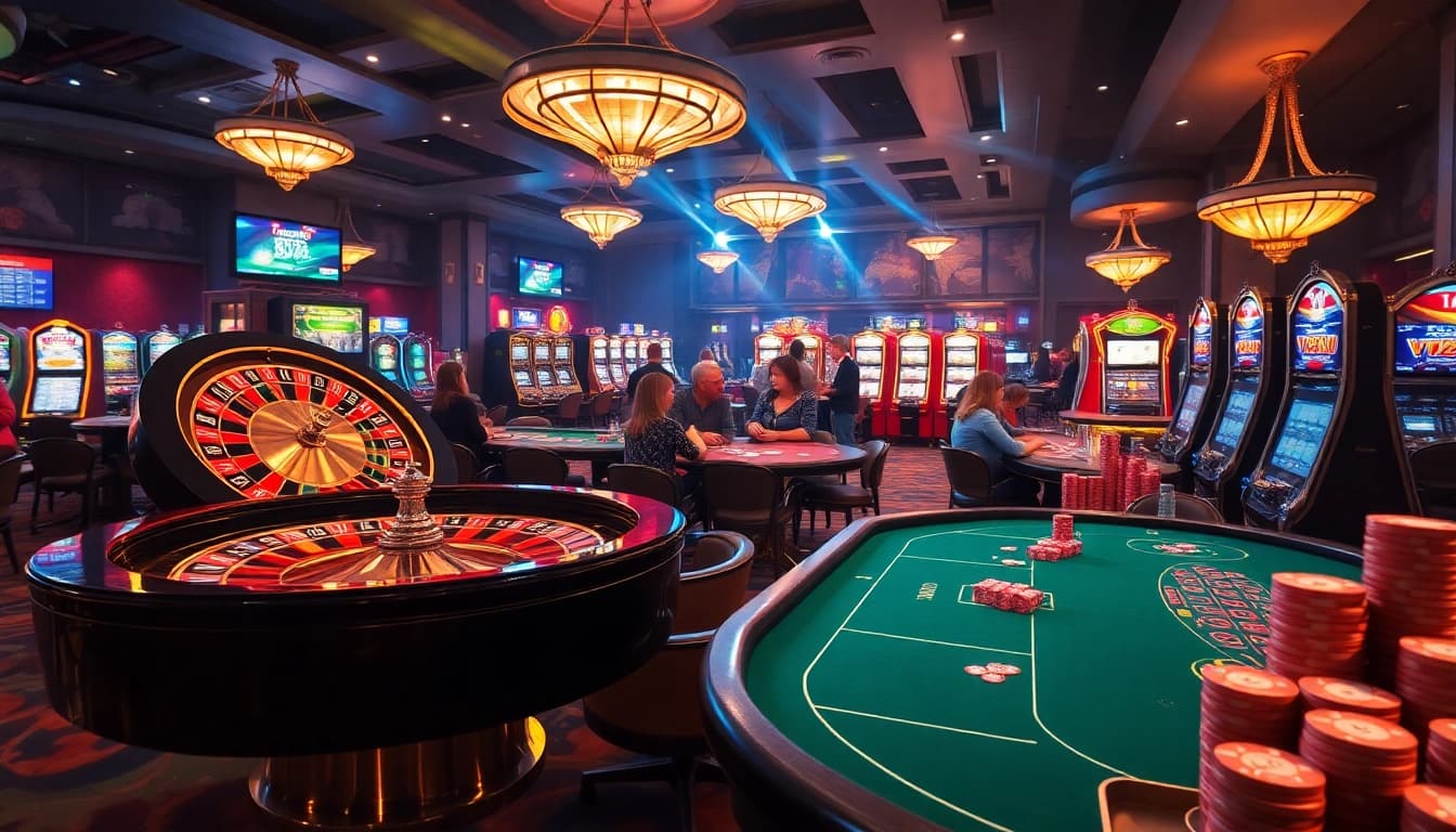 Experience the excitement of lc88 casino games with vibrant roulette wheels, poker tables, and colorful chips.