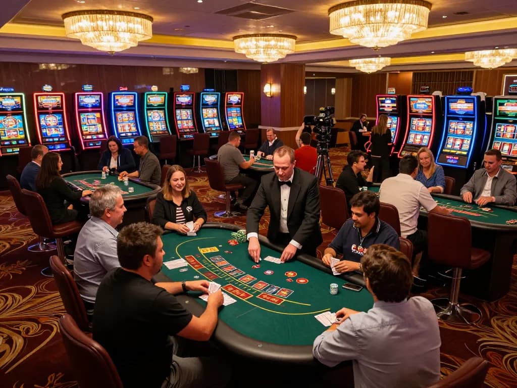 F168 players strategizing at a buzzing casino, vibrant poker tables filled with dynamic action.