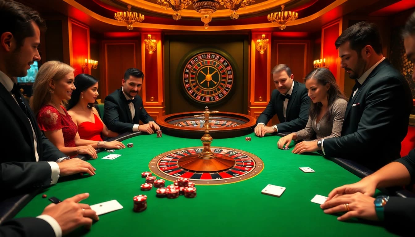 SBOBET players engaged in a high-stakes poker game, showcasing excitement and strategy.