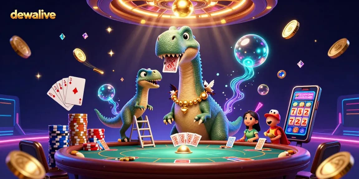 Mainkan dewalive dengan brontosaurus lucu dan raptor, dikelilingi koin emas dan kartu permainan.