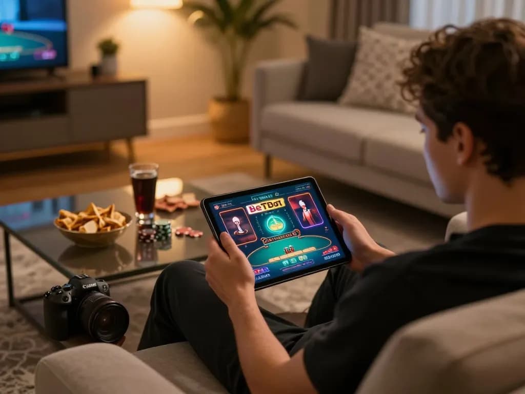 Engaged player using Betbdt app on tablet in a cozy environment, showcasing online gaming experience.