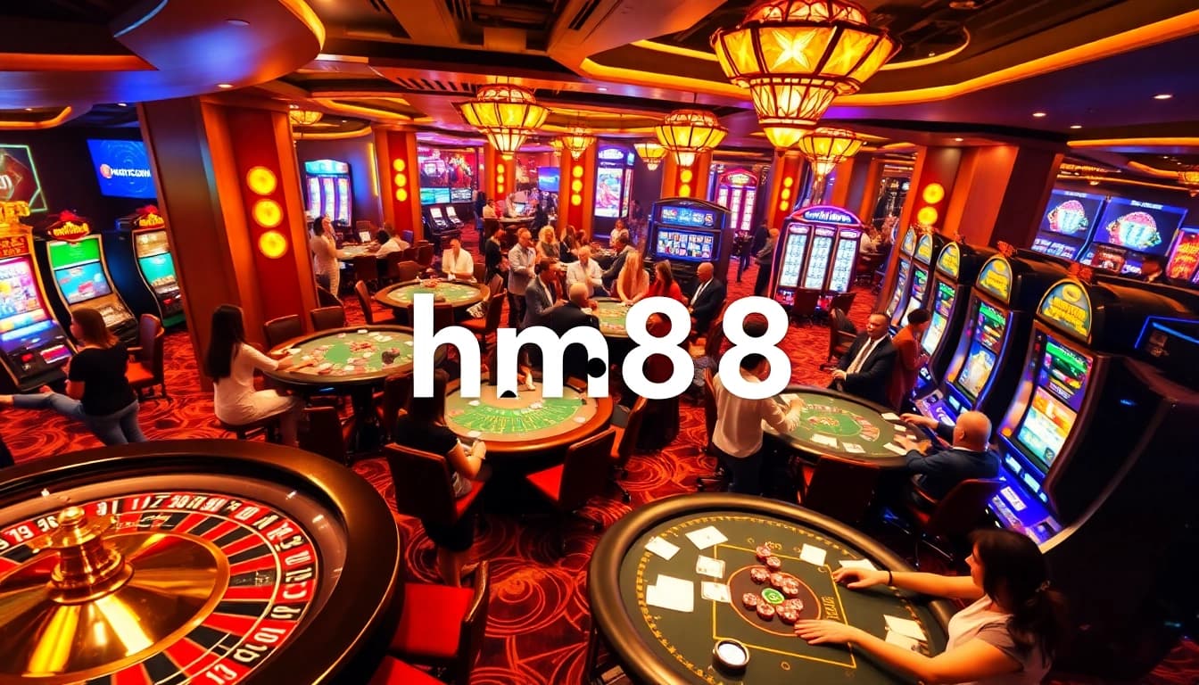 Players enjoying gambling games at hm88 casino with vibrant tables and slot machines