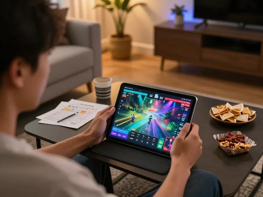Pemain yang terlibat menggunakan aplikasi 88id untuk permainan kasino online yang imersif di suasana ruang tamu yang nyaman