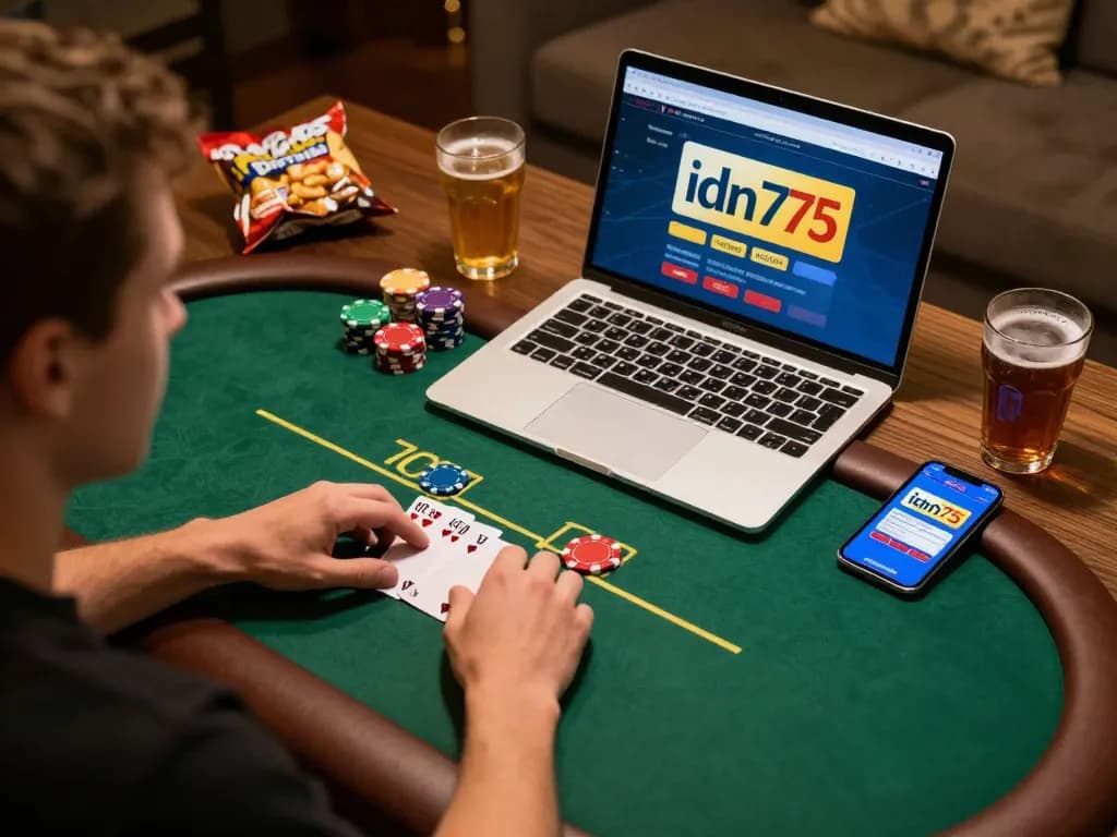 Pemain menikmati poker online dengan aplikasi idn777 dalam suasana nyaman, menyoroti permainan strategis.