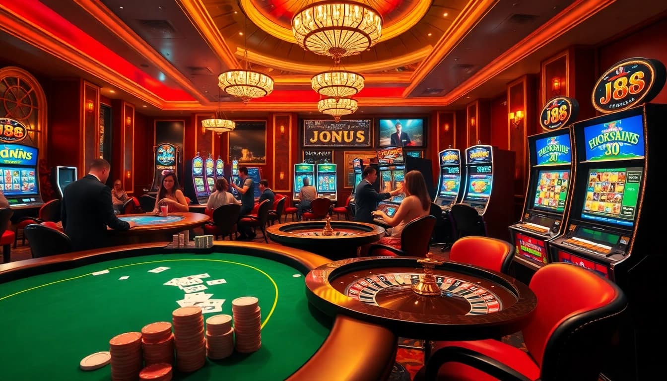 Experience the excitement of online gambling at https://j88.gives/ with vibrant casino visuals including poker tables and slot machines.