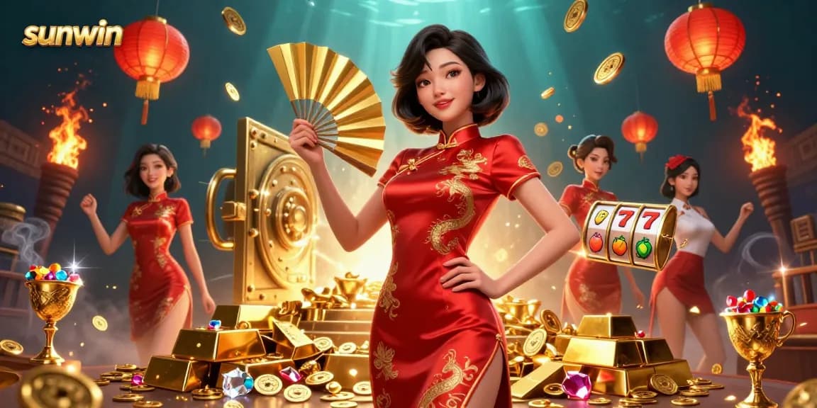 Experience thrilling gameplay with sunwin’s vibrant casino atmosphere featuring an elegant Asian woman surrounded by gold.