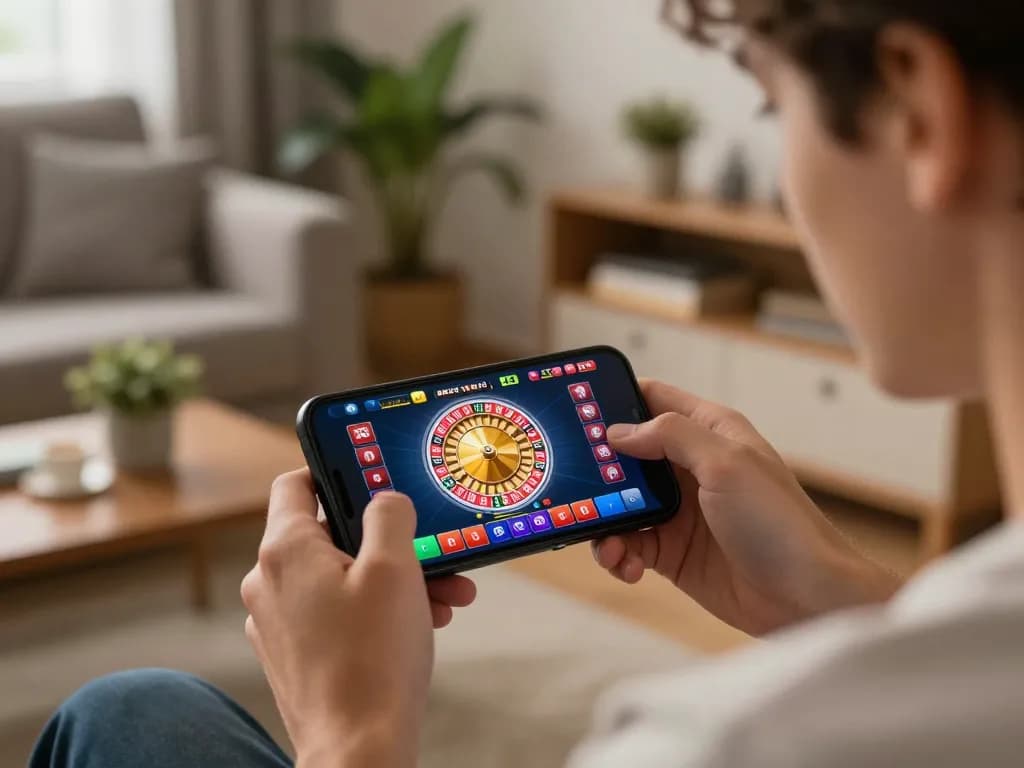 Experience mobile gaming excitement with PLANET88 on a smartphone, showcasing roulette spin and home comfort