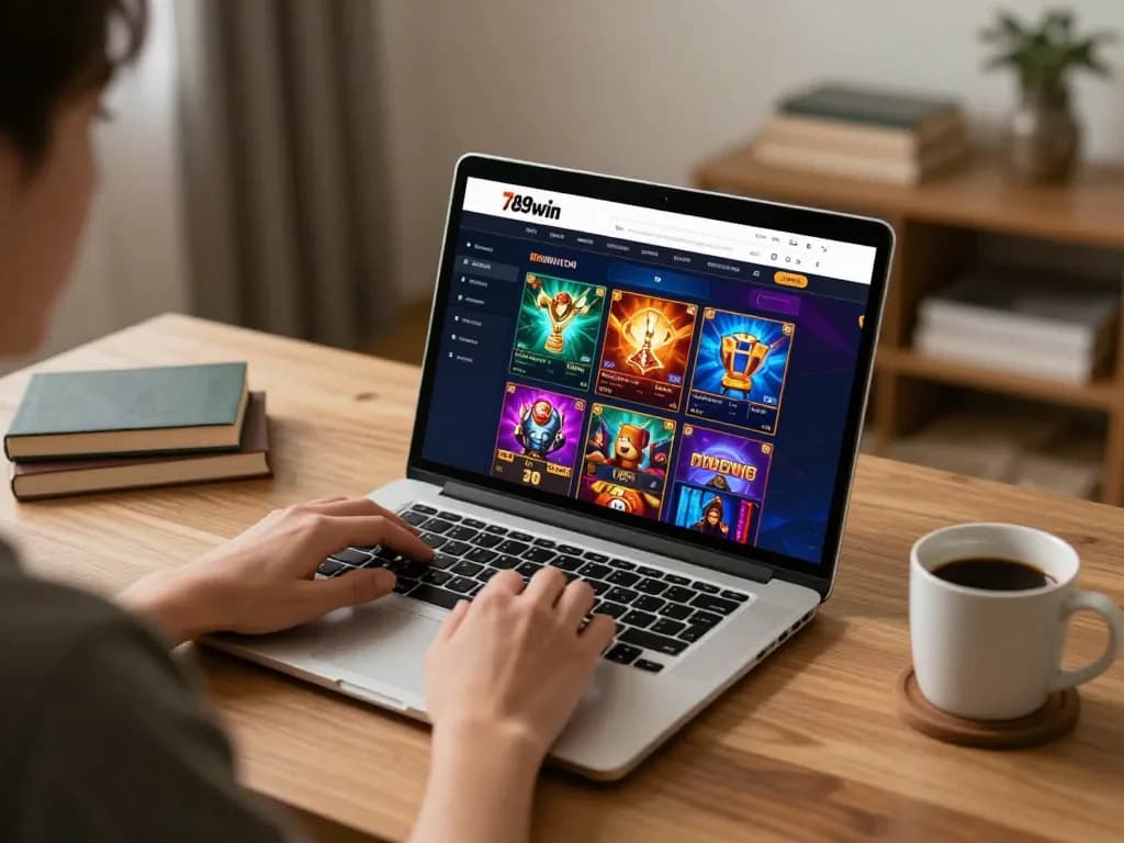 A player engaging with 789win com online casino on a laptop, showcasing a comfortable home gaming environment.