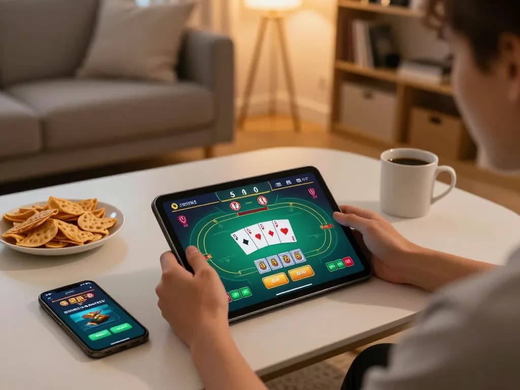 Engaging in online poker gaming with tg88 on a tablet, showcasing a cozy home atmosphere and strategic play.