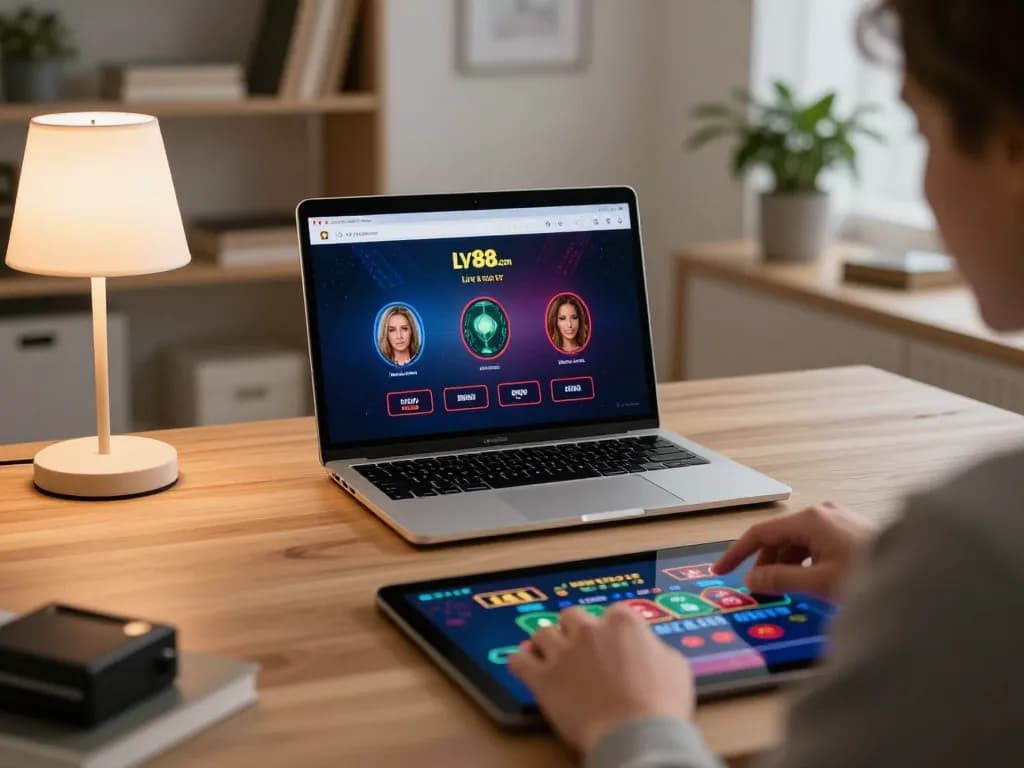 Experience live gaming on lv88.com with hands placing bets on a sleek laptop interface