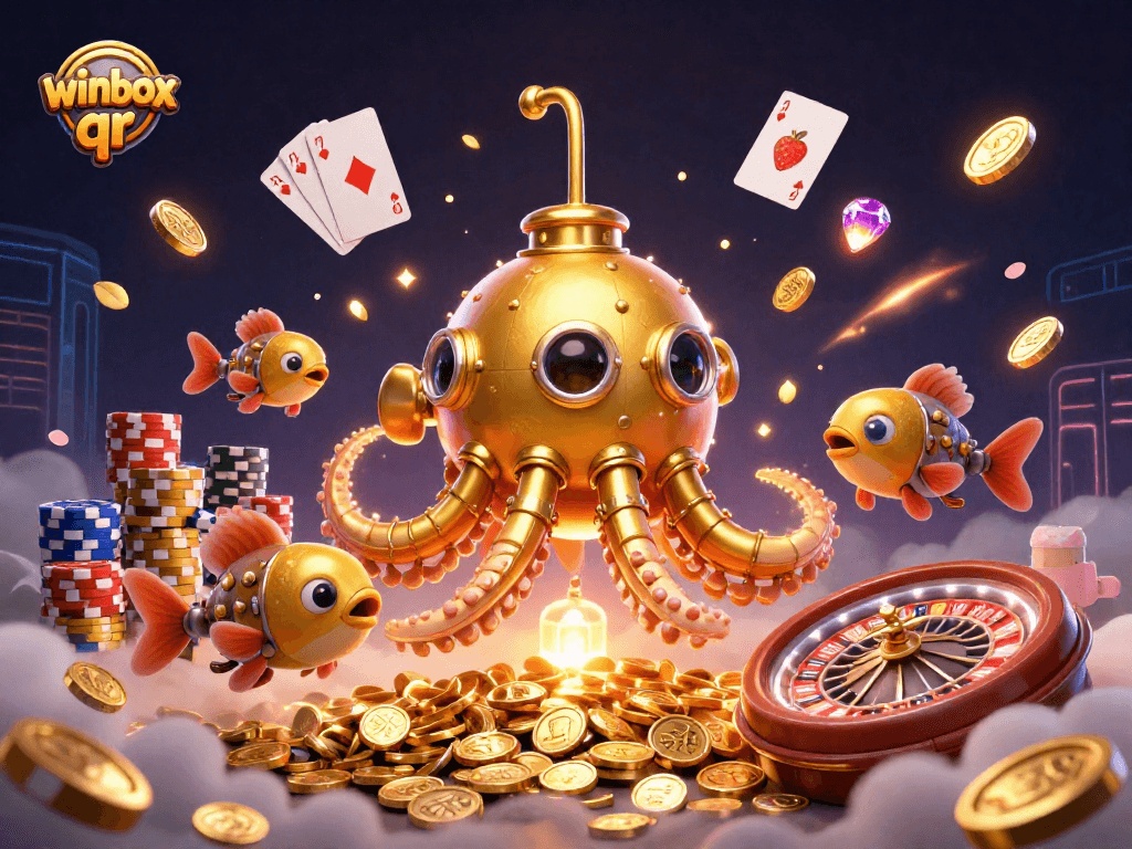 Engage with winbox qr in this colorful slots scene featuring a golden kraken submarine and dynamic casino elements.