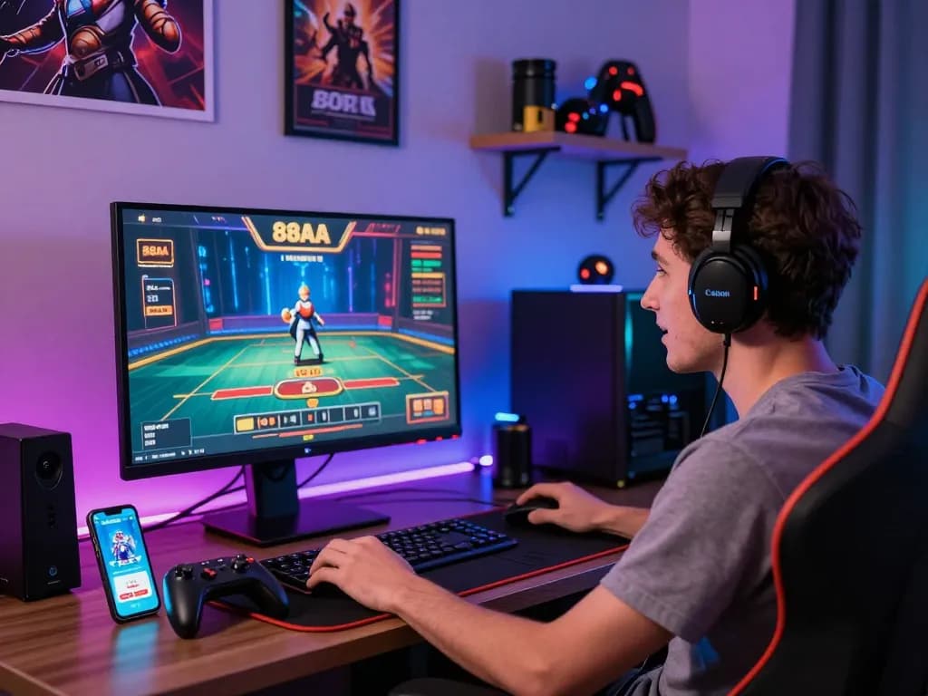 Engaged player experiencing 88AA’s live casino gaming setup in a vibrant home gaming environment.