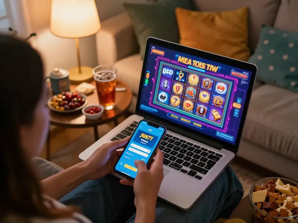 Pemain terlibat dengan pengalaman slot online jus77 yang menarik di smartphone di ruang tamu yang nyaman