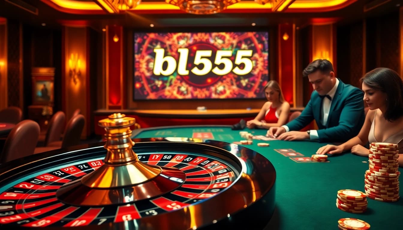 Players enjoying a winning moment at bl555's luxury casino tables, surrounded by vibrant gaming elements.