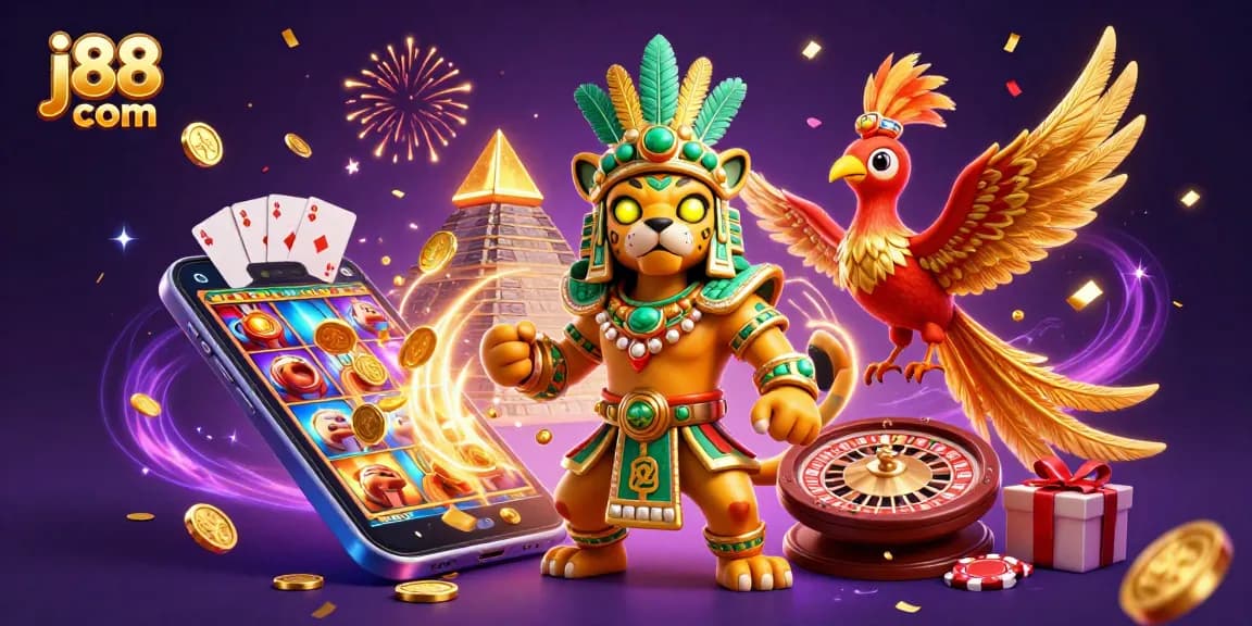 Experience thrilling gaming action at j88 com with vibrant characters and casino elements.