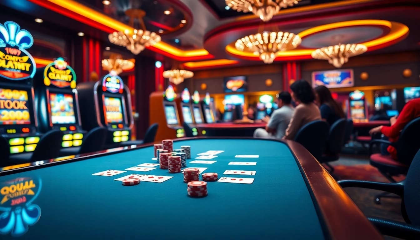 Experience thrilling gameplay with qh88 at a vibrant casino table filled with poker chips and cards.