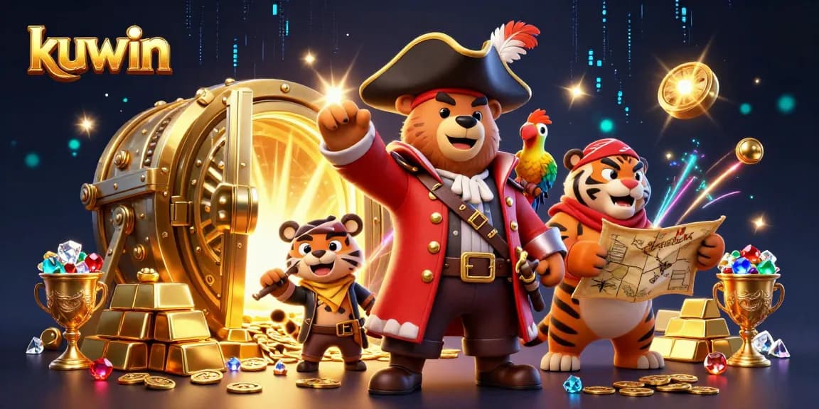 Kuwin showcases a vibrant pirate-themed illustration with adventurous characters and casino elements.