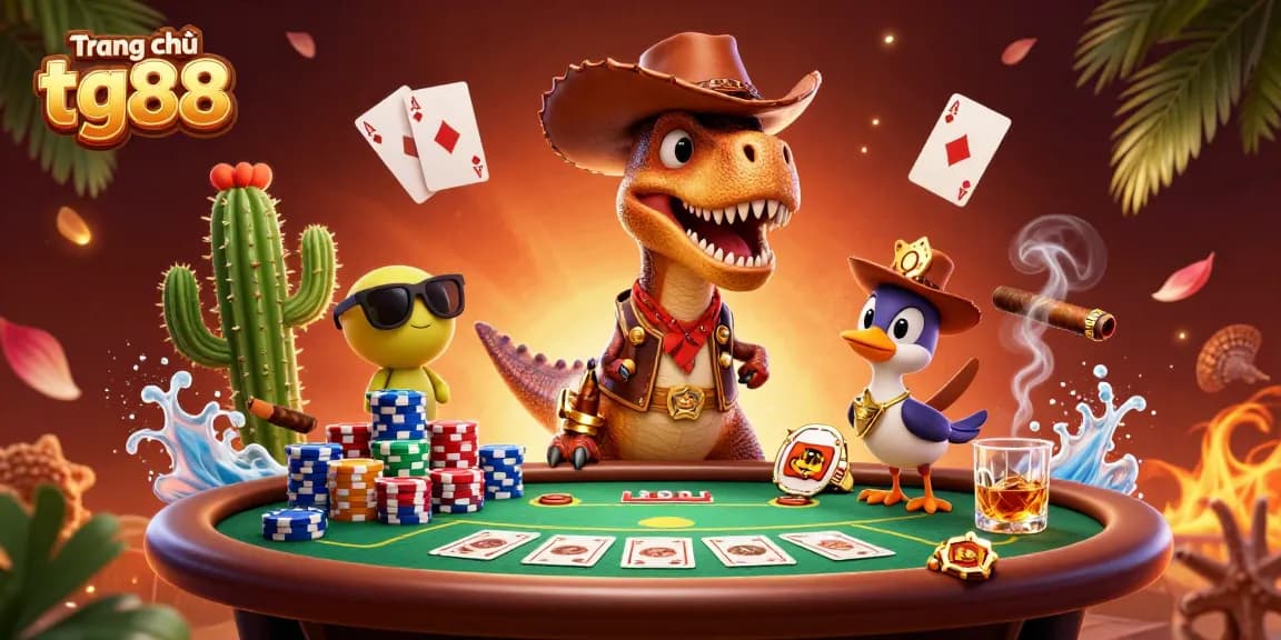 Engage with the dynamic scene of Trang chủ tg88 featuring a dinosaur, cactus, and roadrunner at a lively poker table.