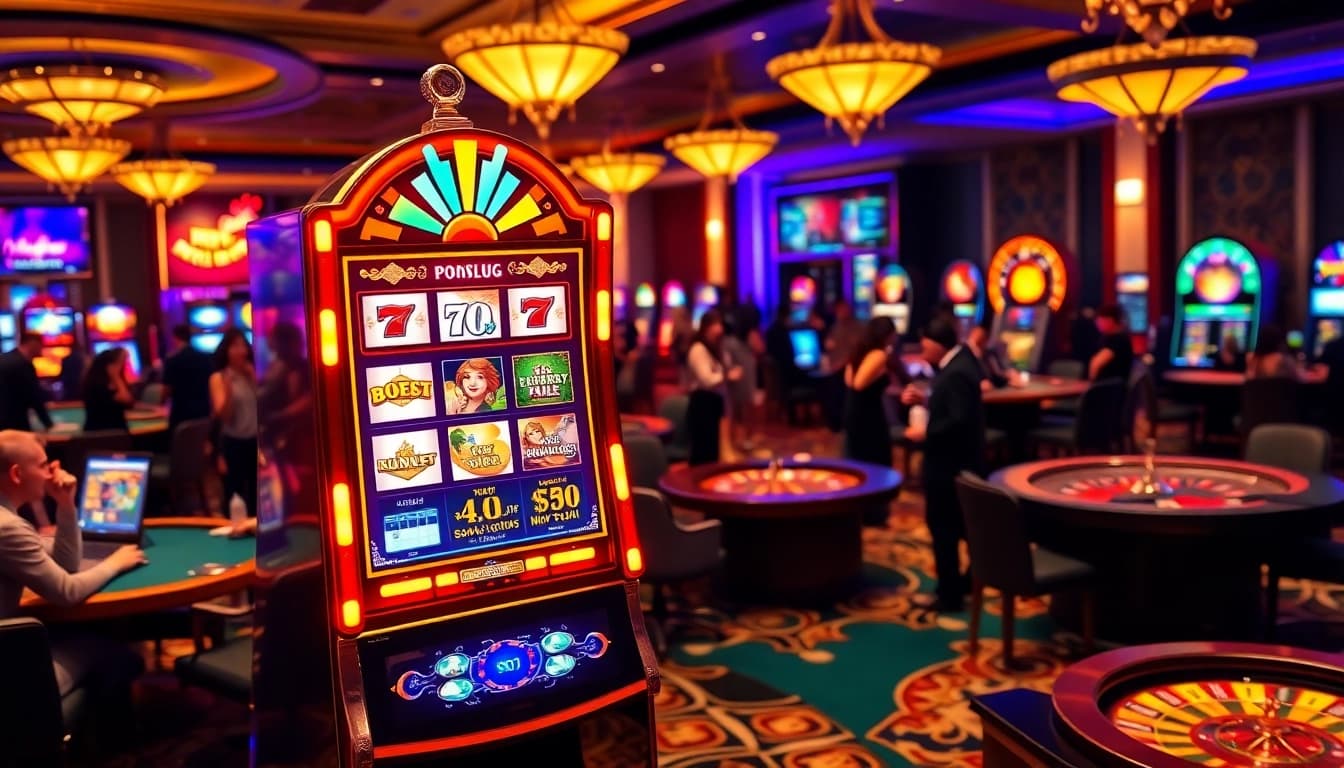 Spin to win on the idnslot machine at an exciting casino with vibrant lights and enthusiasm.