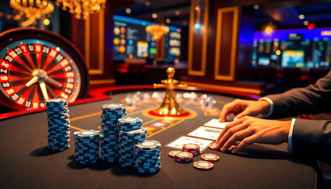 GO8 poker players strategizing over high-stakes casino chips in a luxurious setting.