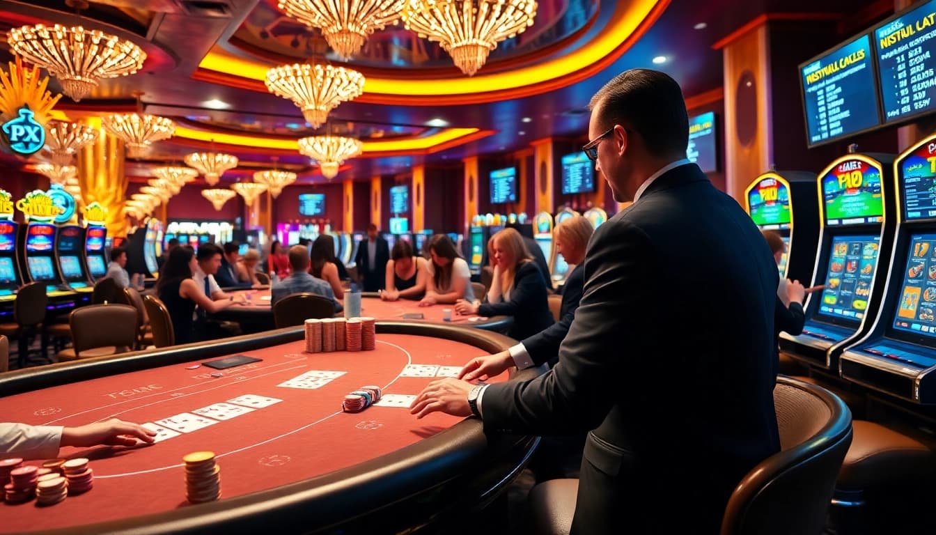 Players enjoying various casino games, including poker and slots, highlighting PXJ atmosphere.