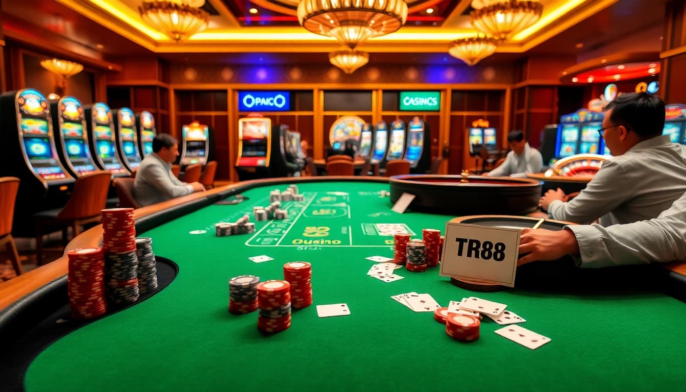 Players engaging with TR88 slots at a busy casino table under warm lighting.