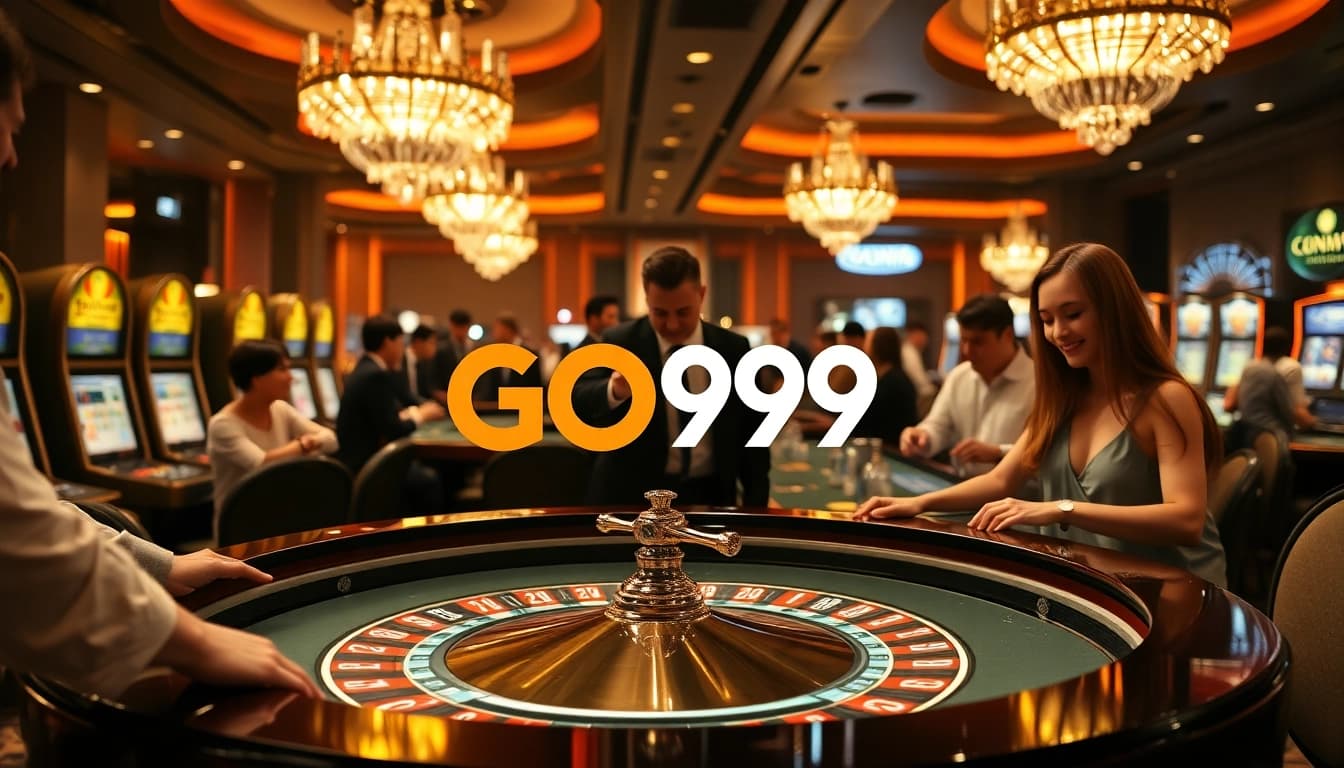 Players reveling in the excitement of GO99 casino games at a luxurious gambling table.