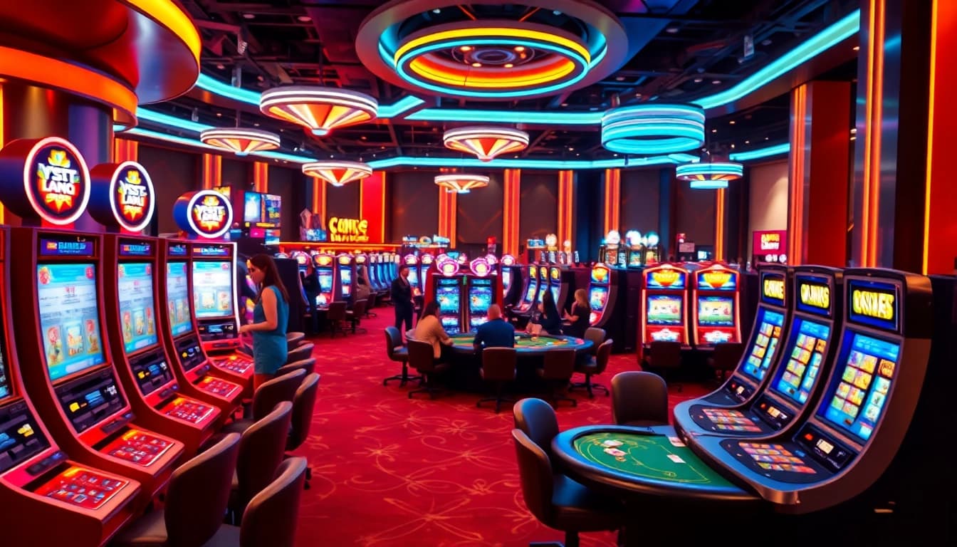 Experience the excitement of y3娱乐 with players enjoying vibrant games in a lively casino.