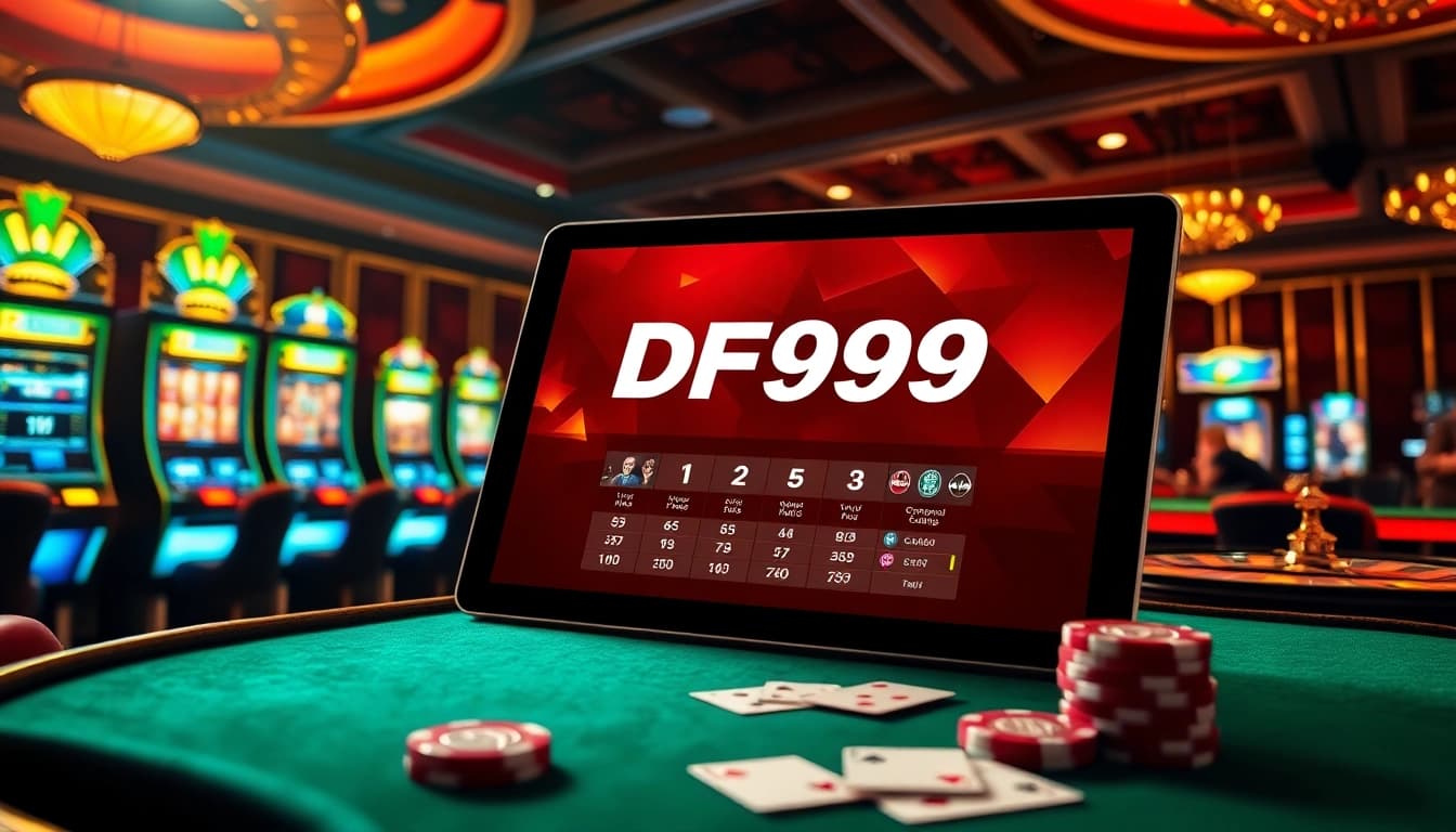 Engage with the DF999 online gambling platform amid a luxurious casino scene featuring gaming tables and vibrant atmosphere.