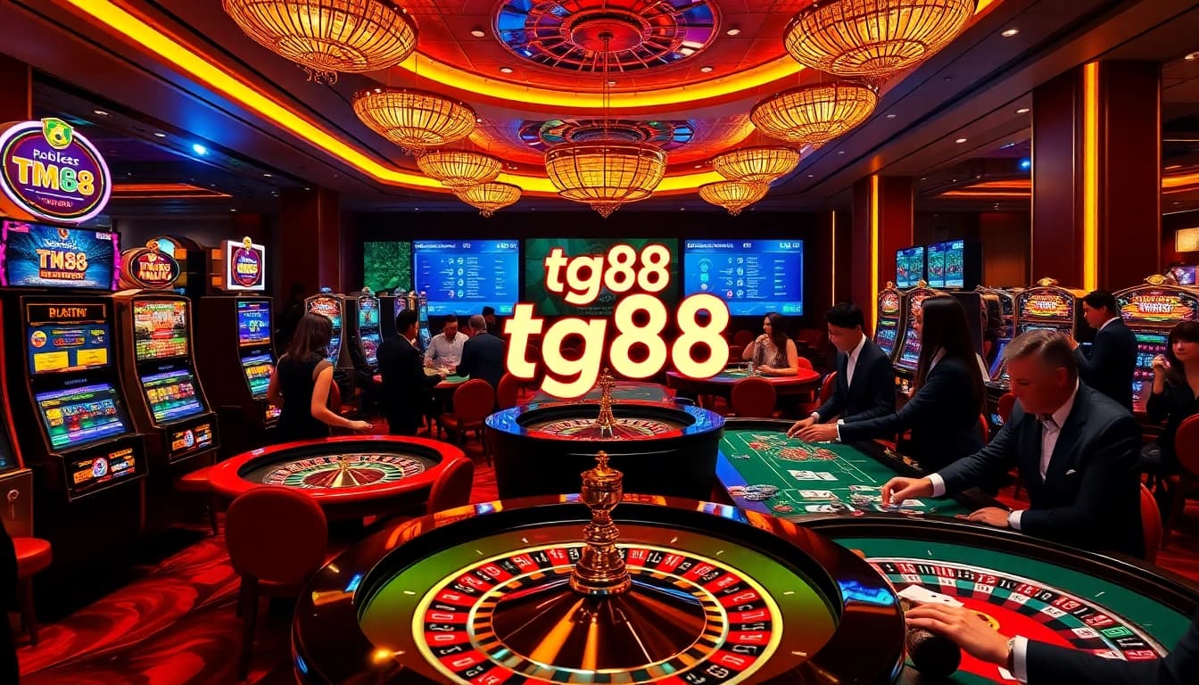 Players enjoying games at tg88 casino, surrounded by bright slot machines and elegant decor.