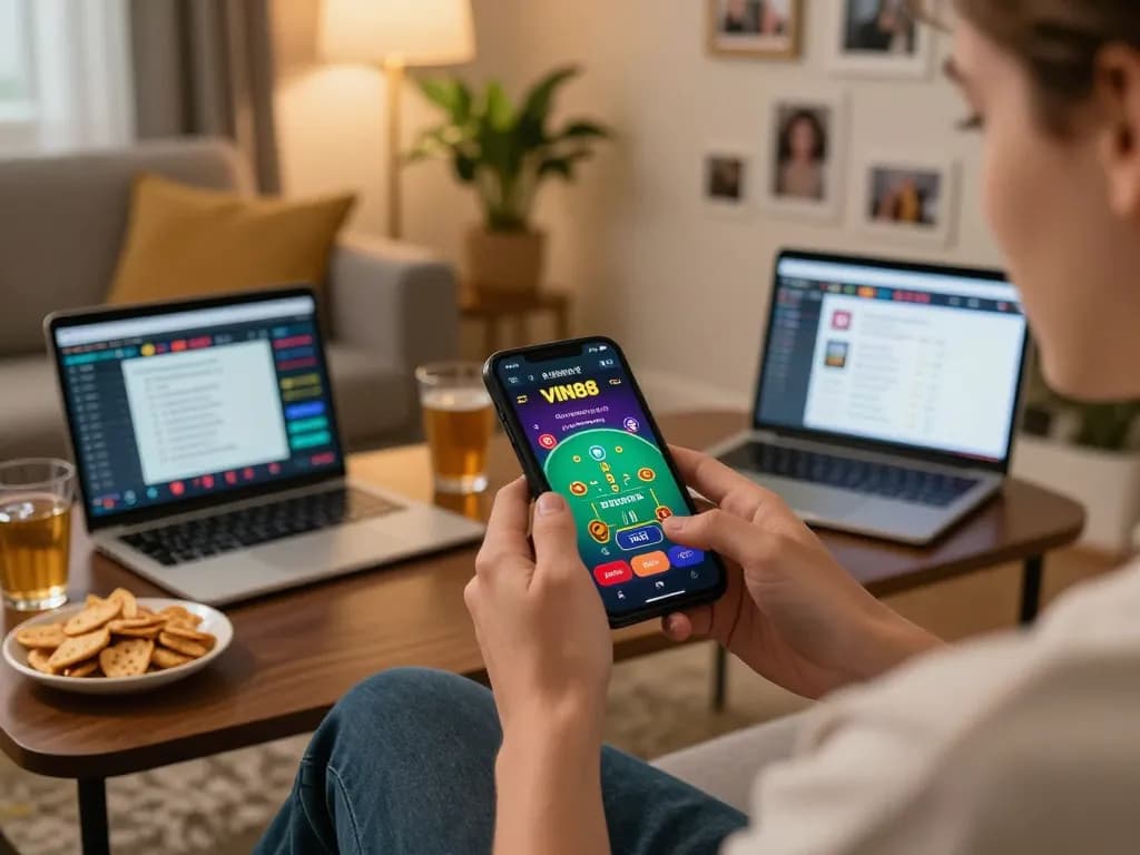 Engaged player using VIN88 app for live blackjack, cozy home setting with snacks.