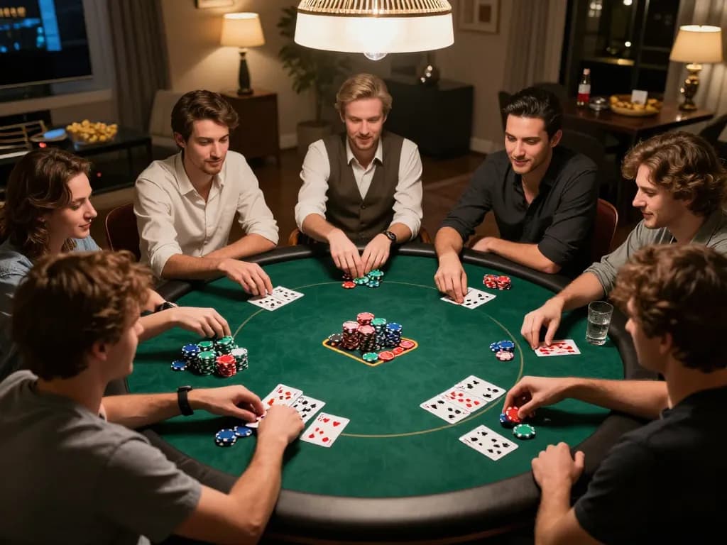 Play friends engaging in an exciting poker night at home, showcasing strategies and fun at MMOO.