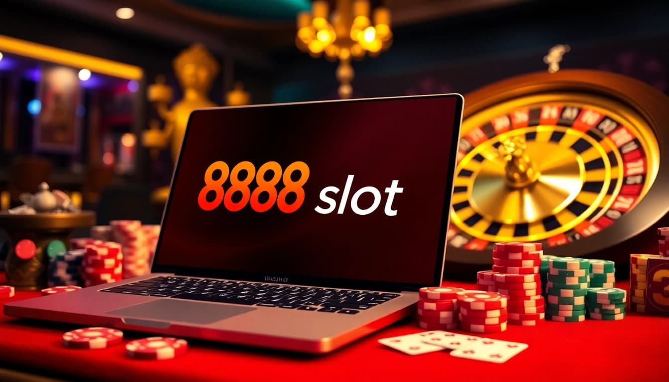 Rasakan sensasi dengan 888slot di tengah elemen casino yang berwarna-warni seperti slot, kartu, dan roulette!