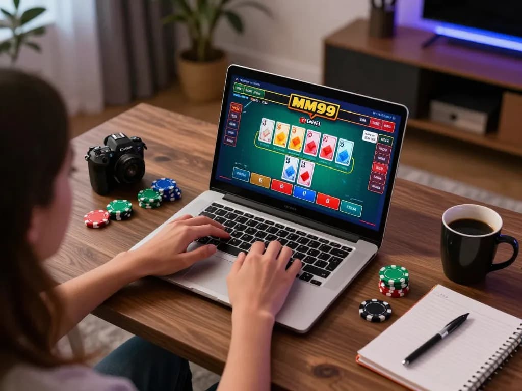 Engaging online gaming session with MM99, showcasing a dynamic poker interface and cozy home atmosphere.