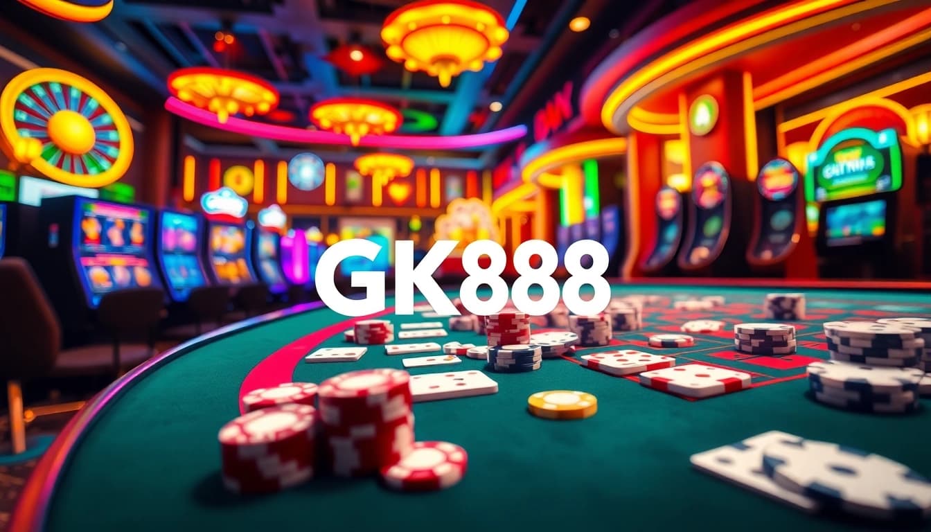 Experience the excitement of GK88 online casino gaming with vibrant tables full of chips, cards, and thrilling atmosphere.