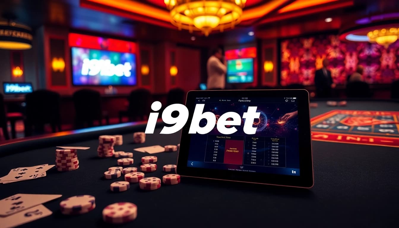 Gambling excitement with i9bet's vibrant casino scene featuring tables and cards.